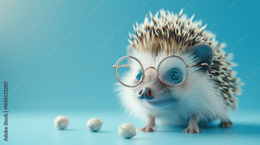 Hedgehog wearing glasses on soft blue background with copy space, AI generated image Hedgehog wearing glasses on soft blue background with copy space, AI generated image