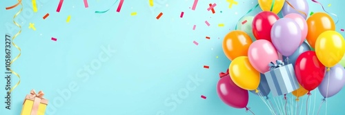 Colorful 3D vector illustration of birthday gifts and balloons perfect for celebrations with ample copy space, decorations, balloons, festive photo