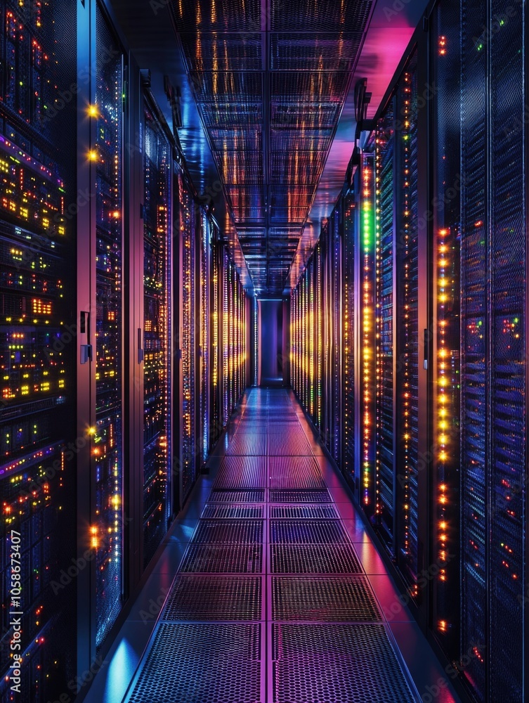 Inside a server room filled with high-tech computer equipment. The room is humming with the power of cloud computing and big data processing. Inside a server room filled with high-tech computer equipment. The room is humming with the power of cloud computing and big data processing.