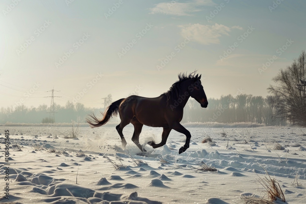 A horse running swiftly in a snow-covered field, with the majestic animal's mane and tail captured mid-motion. A horse running swiftly in a snow-covered field, with the majestic animal's mane and tail captured mid-motion.