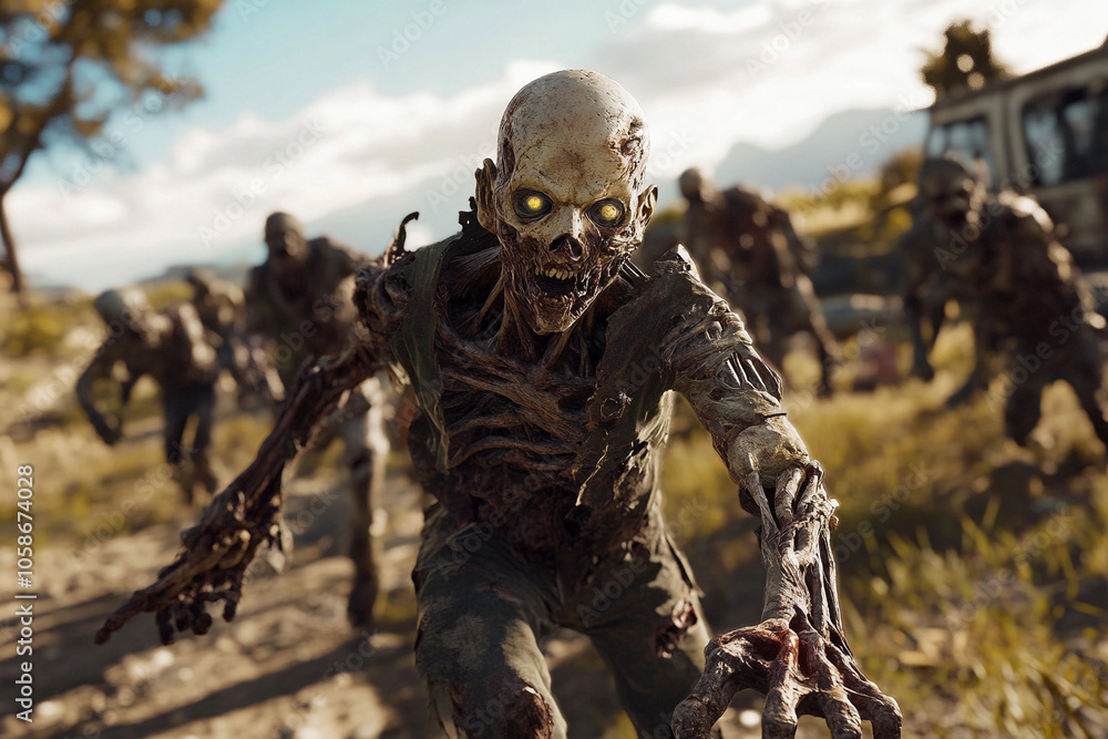 Zombies emerging from the ground in a desolate landscape Zombies emerging from the ground in a desolate landscape