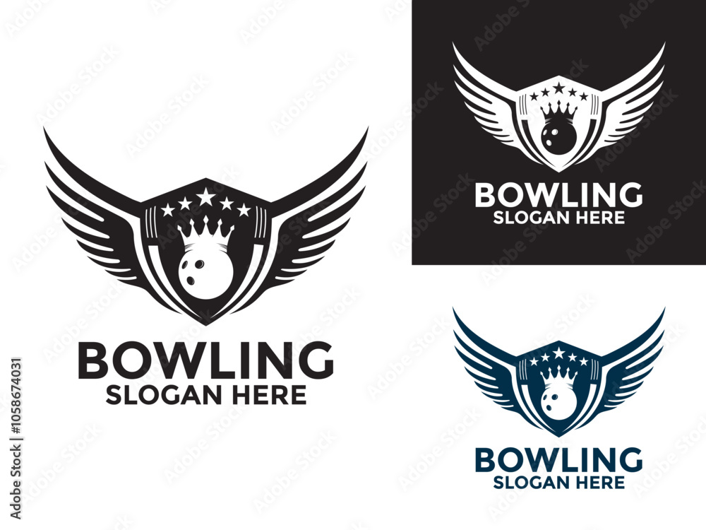 Fototapeta premium Bowling sports logo vector, Kings Bowling logo design template, Bowling with wings and crown logo