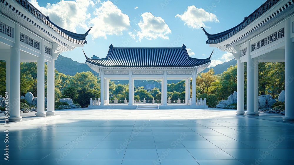 Obraz premium Traditional Chinese Anhui Hui-style Architecture with White Background, Platform, Roads, Parking Lots, and Brick Pavements for Car Advertisement Background