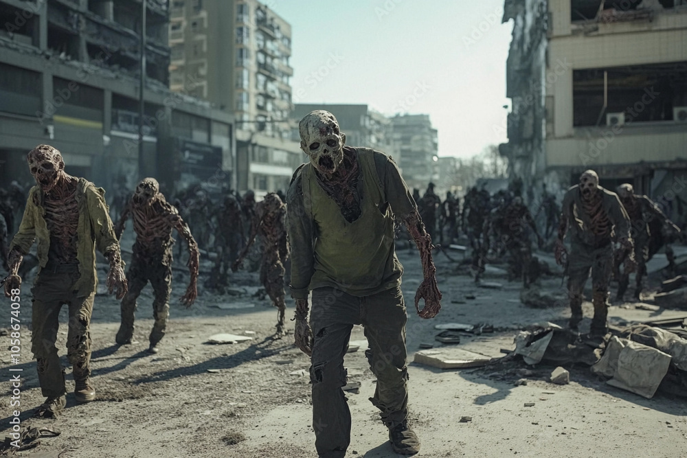 Zombies roam an abandoned city during a post-apocalyptic event Zombies roam an abandoned city during a post-apocalyptic event