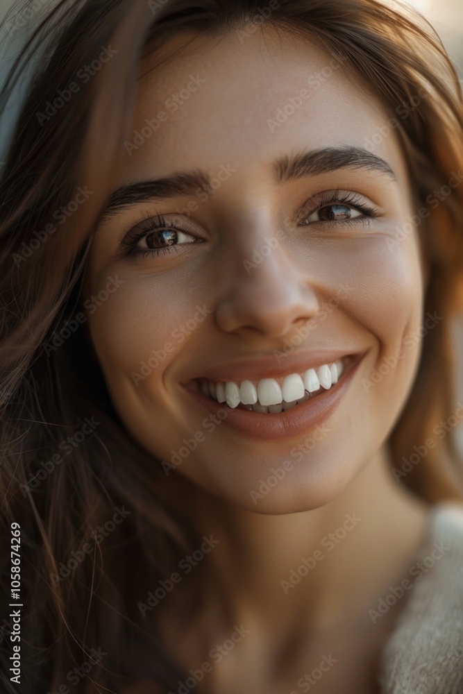 Portrait of young woman with bright smile, showing teeth. Aged around 20s-30s. Soft focus background, neutral tones. Portrait of young woman with bright smile, showing teeth. Aged around 20s-30s. Soft focus background, neutral tones.