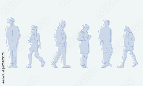 flat minimal people male and female vector illustration in winter clothing concept isolated set collection. Outline with silhouette shadow. For architecture rendering, design, info graphic, media