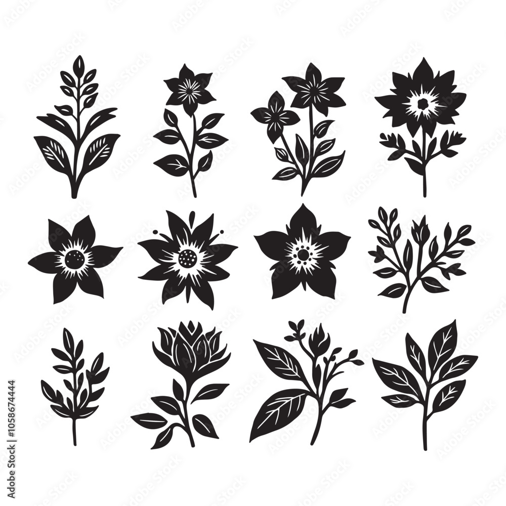 Set of black silhouettes of flowers and leaves on a white background Set of black silhouettes of flowers and leaves on a white background