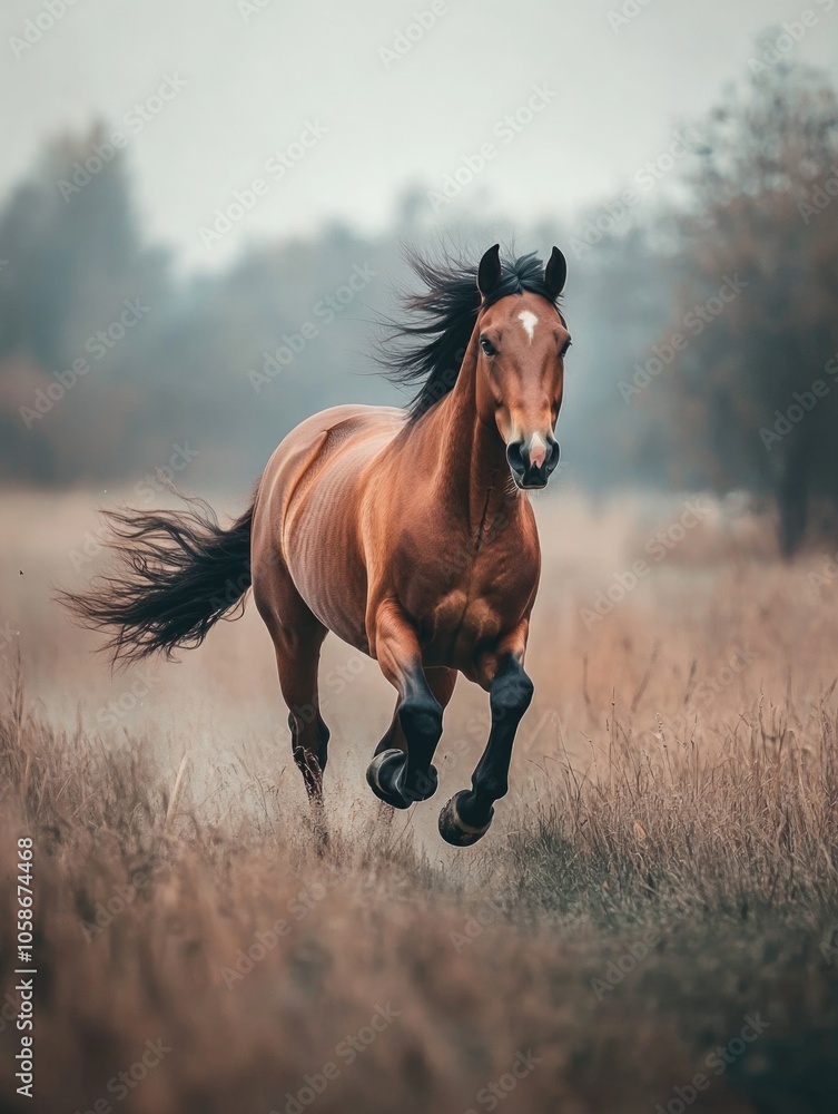 Running horse galloping in grassy field, misty atmosphere. Running horse galloping in grassy field, misty atmosphere.