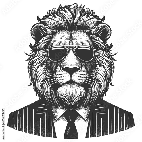 Businessman Lion in sunglasses and a suit, conveying a cool, powerful, and sophisticated vibe sketch engraving generative ai vector illustration. Scratch board imitation. Black and white image.