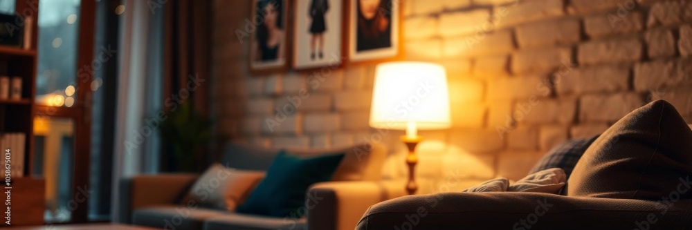 Comfortable armchair with pink pillow and glowing lamp on floor against gray wall in office or living room, trendy, cozy, modern Comfortable armchair with pink pillow and glowing lamp on floor against gray wall in office or living room, trendy, cozy, modern