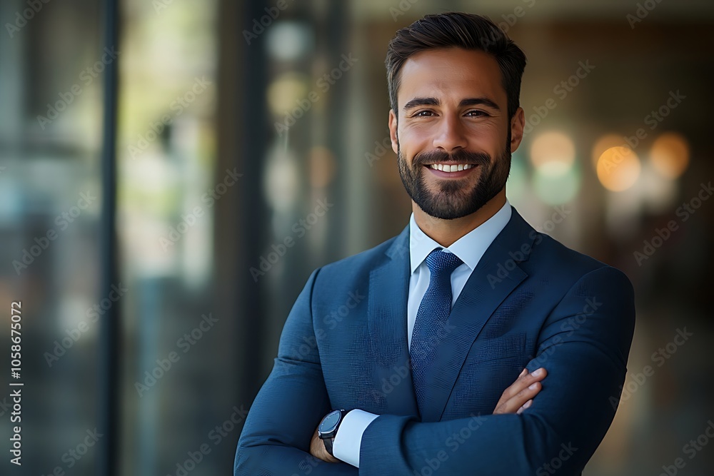 Confident Businessman with Blue Suit and Tie, Arms Crossed Confident Businessman with Blue Suit and Tie, Arms Crossed
