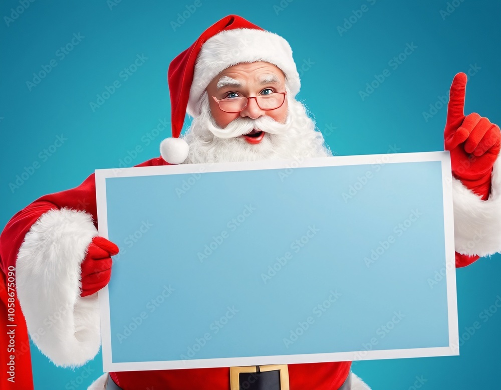 Portrait of santa claus holding blank sign on blue background. Portrait of santa claus holding blank sign on blue background.