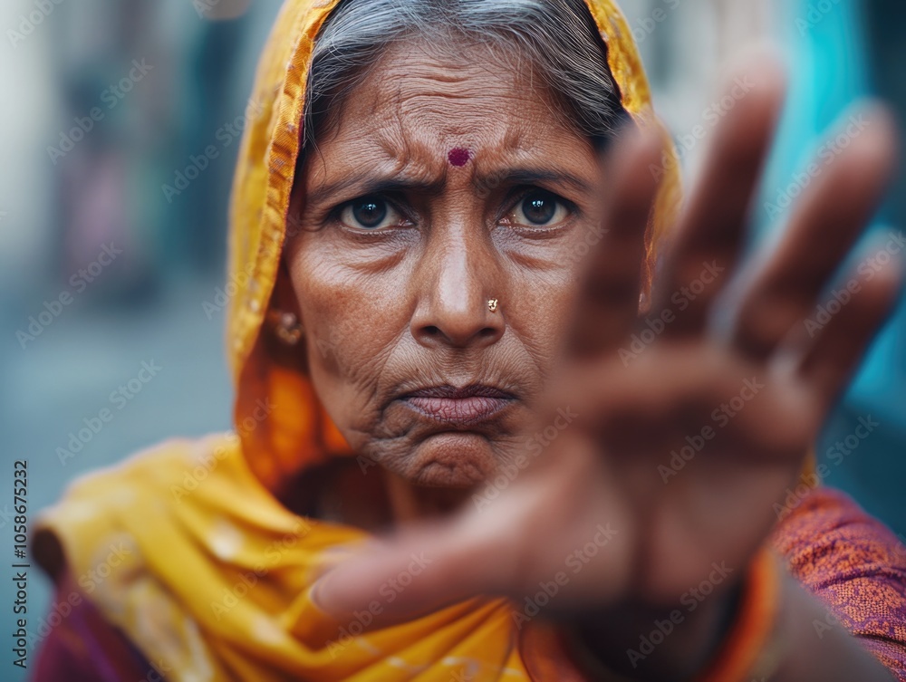 Elderly lady making hand gesture with closed eyes and lips tightly together. Asian woman with traditional dress against blurry background suggesting city life. Elderly lady making hand gesture with closed eyes and lips tightly together. Asian woman with traditional dress against blurry background suggesting city life.