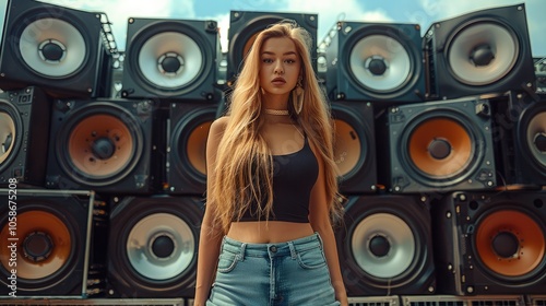 Beautiful woman standing against giant car audio subwoofer speaker elegant look.