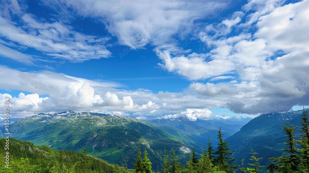 The allure of a landscape filled with the beauty of blue sky, fluffy white clouds, majestic high mountains, and vibrant green plants. Generative AI The allure of a landscape filled with the beauty of blue sky, fluffy white clouds, majestic high mountains, and vibrant green plants. Generative AI