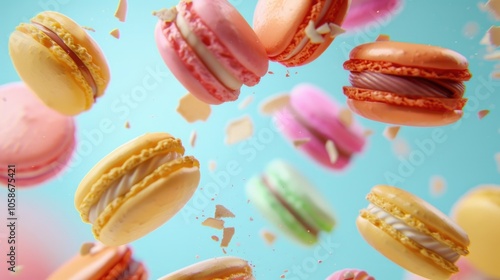 Wallpaper Mural Macarons in various colors floating above a light blue background. Torontodigital.ca