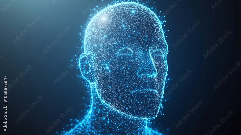 Abstract 3D Render of Human Head with Glowing Dots and Lines, Representing AI and Consciousness. Abstract 3D Render of Human Head with Glowing Dots and Lines, Representing AI and Consciousness.
