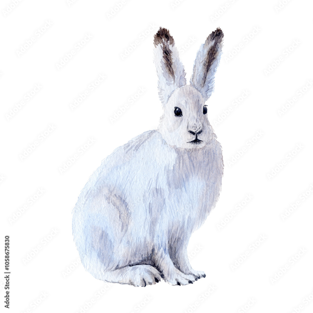 Watercolor picture. Isolated White Hare sitting Watercolor picture. Isolated White Hare sitting