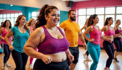 Energetic Dance Fitness Class with Diverse Group in Colorful Athletic Wear