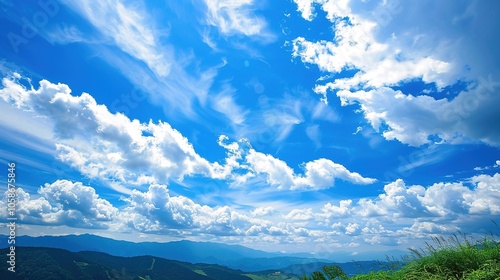 The allure of a landscape filled with the beauty of blue sky, fluffy white clouds, majestic high mountains, and vibrant green plants. Generative AI