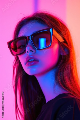 Stylish woman with striking blue eyes, wearing vibrant sunglasses. Modern, abstract lighting background.