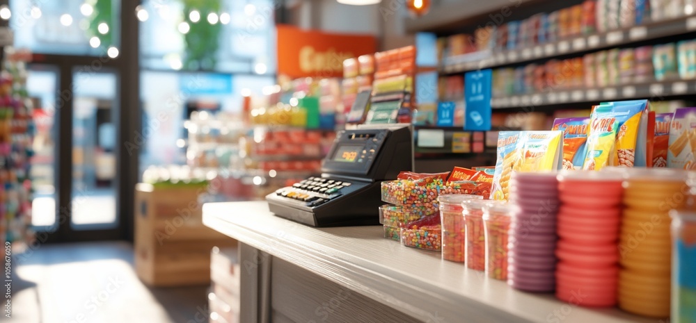 A cash register sits on a counter in a convenience store with snacks on display. A cash register sits on a counter in a convenience store with snacks on display.