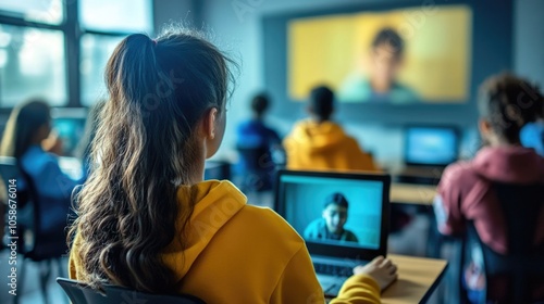 A group of students in a modern classroom, focusing on technology education.