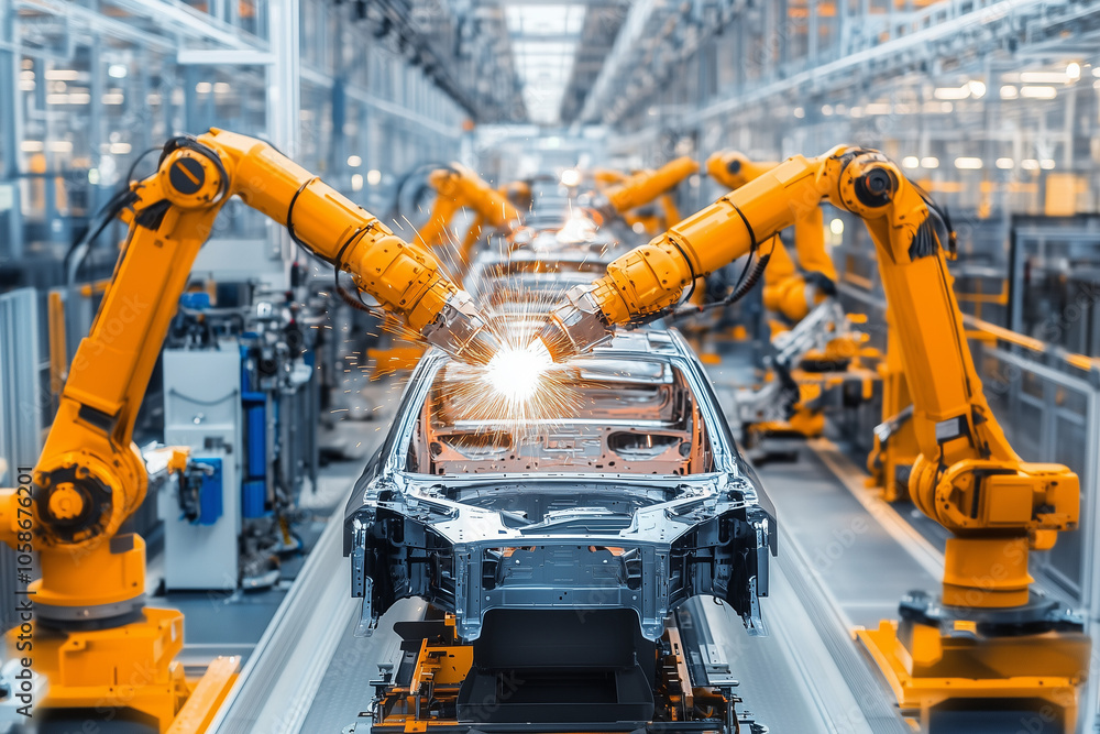 Robotic arms welding a car body on an automated assembly line Robotic arms welding a car body on an automated assembly line