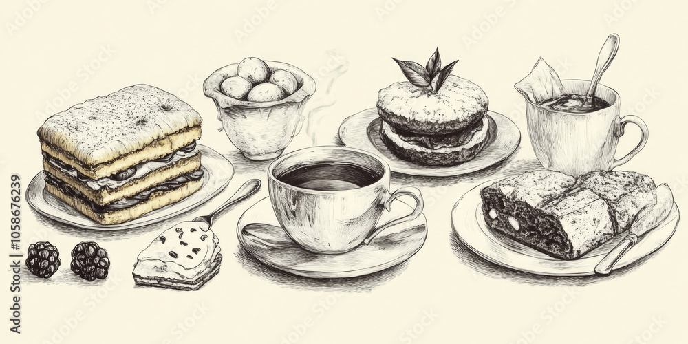 A variety of sweet treats, including scones, cakes, cookies, and pastries, ready for a delightful afternoon tea. A variety of sweet treats, including scones, cakes, cookies, and pastries, ready for a delightful afternoon tea.