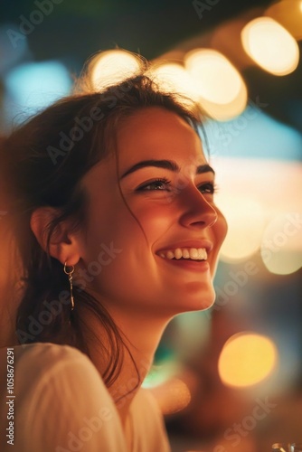 Young woman with smile, looking to the side. Soft lighting from string lights in background.