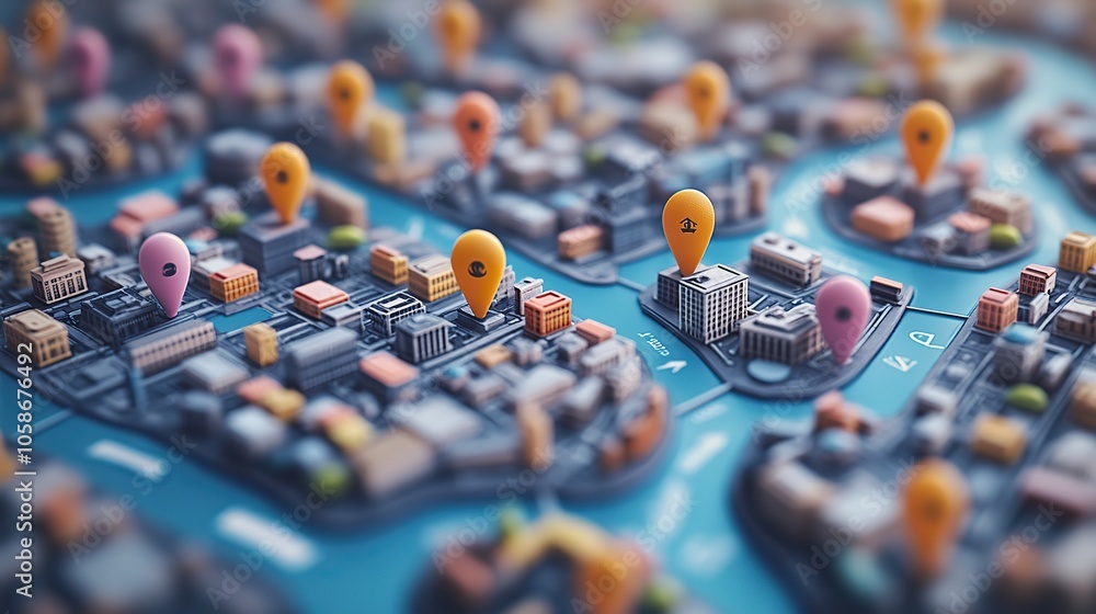 An isometric city map illustration with pins marking locations for various mobile services An isometric city map illustration with pins marking locations for various mobile services