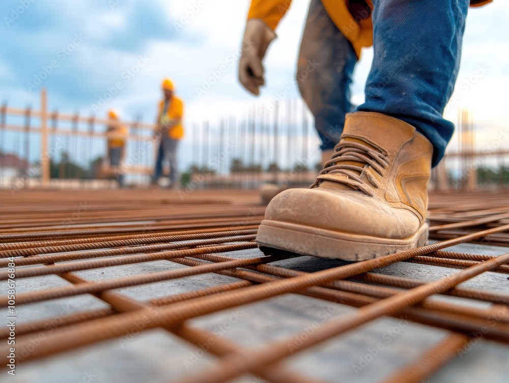 A close-up of a construction worker's boot stepping on steel rebar, showcasing the hard work and environment in construction. A close-up of a construction worker's boot stepping on steel rebar, showcasing the hard work and environment in construction.