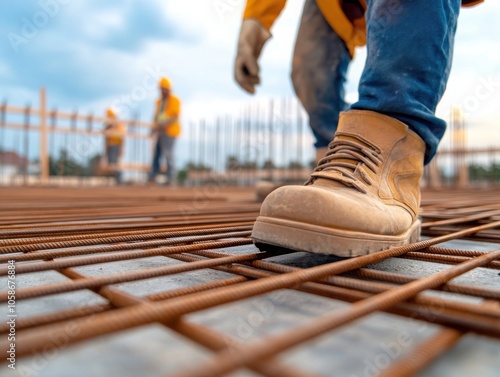 A close-up of a construction worker's boot stepping on steel rebar, showcasing the hard work and environment in construction.