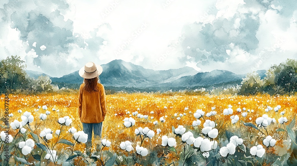 Fototapeta premium Cotton Field Landscape with Sun Rays, Watercolor