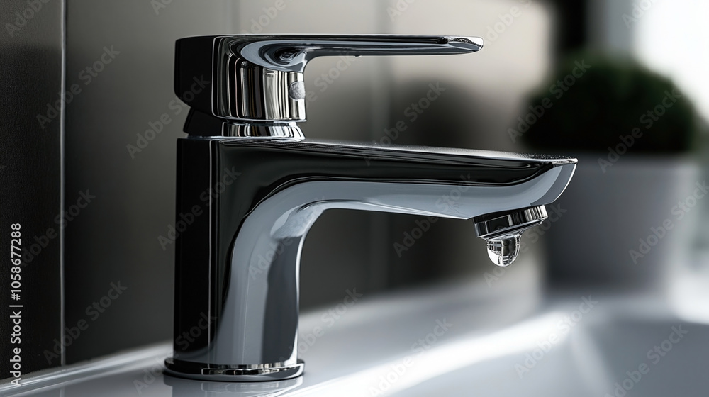 Close-up of a modern chrome bathroom faucet with a single water droplet hanging from the spout, set against a blurred background with a potted plant. Close-up of a modern chrome bathroom faucet with a single water droplet hanging from the spout, set against a blurred background with a potted plant.