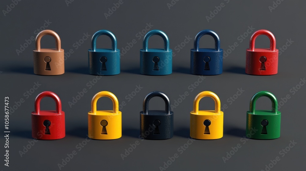 Ten colorful padlocks arranged in two rows on a gray background. Ten colorful padlocks arranged in two rows on a gray background.
