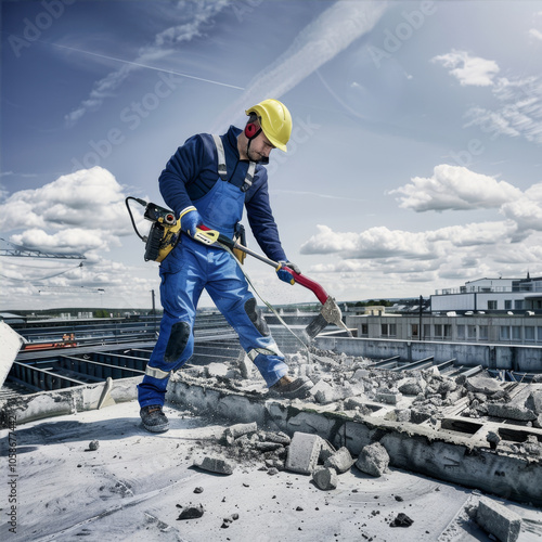 Male builder doing repairs on the roof 