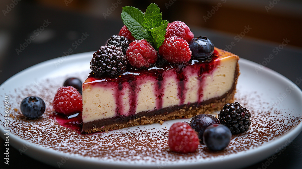 A delicious Slice of Cheesecake garnished with Fresh Berries, Raspberry Sauce and Mint. Perfect for Cookbooks, Advertisements and Menues. A delicious Slice of Cheesecake garnished with Fresh Berries, Raspberry Sauce and Mint. Perfect for Cookbooks, Advertisements and Menues.