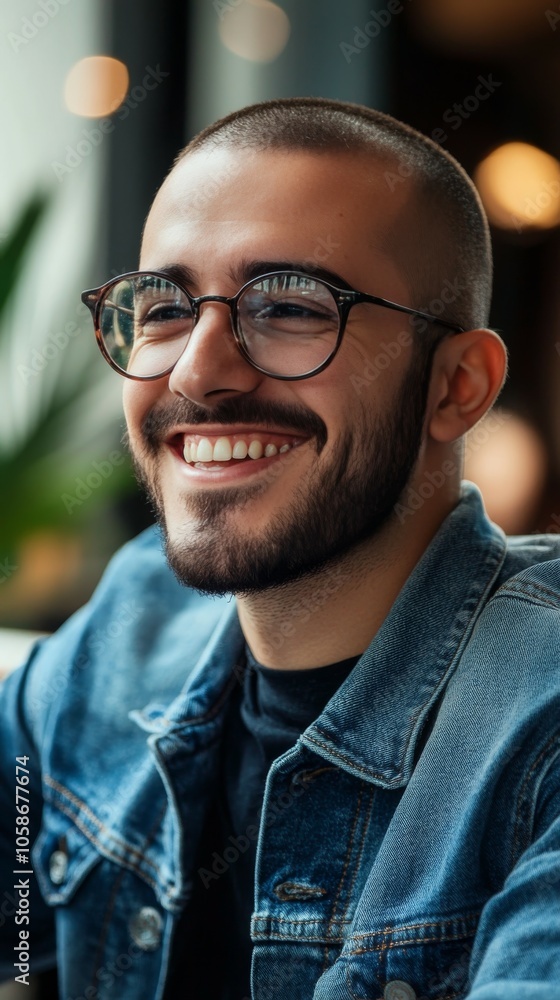 Fototapeta premium A Photograph of a clean shaven middle age smiling with big glasses man holding a computer