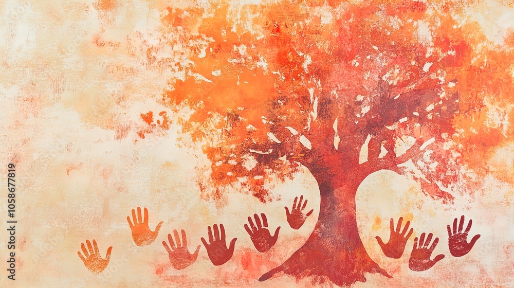 Whimsical Tree Silhouette with Handprints in Warm Tones: A Unique Poster Design for Sports Interior, Symbolizing Unity and Vibrancy Against a Light Pastel Background Whimsical Tree Silhouette with Handprints in Warm Tones: A Unique Poster Design for Sports Interior, Symbolizing Unity and Vibrancy Against a Light Pastel Background