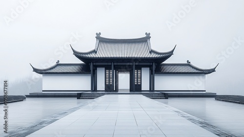 Traditional Chinese Architecture with Platform, Road, and Parking Area on Brick Surface for Automotive Advertisement Featuring Blank Background photo