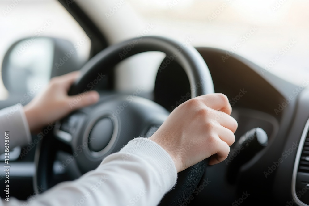 A close-up view of hands gripping a steering wheel, symbolizing control and focus while driving a car on the road. A close-up view of hands gripping a steering wheel, symbolizing control and focus while driving a car on the road.