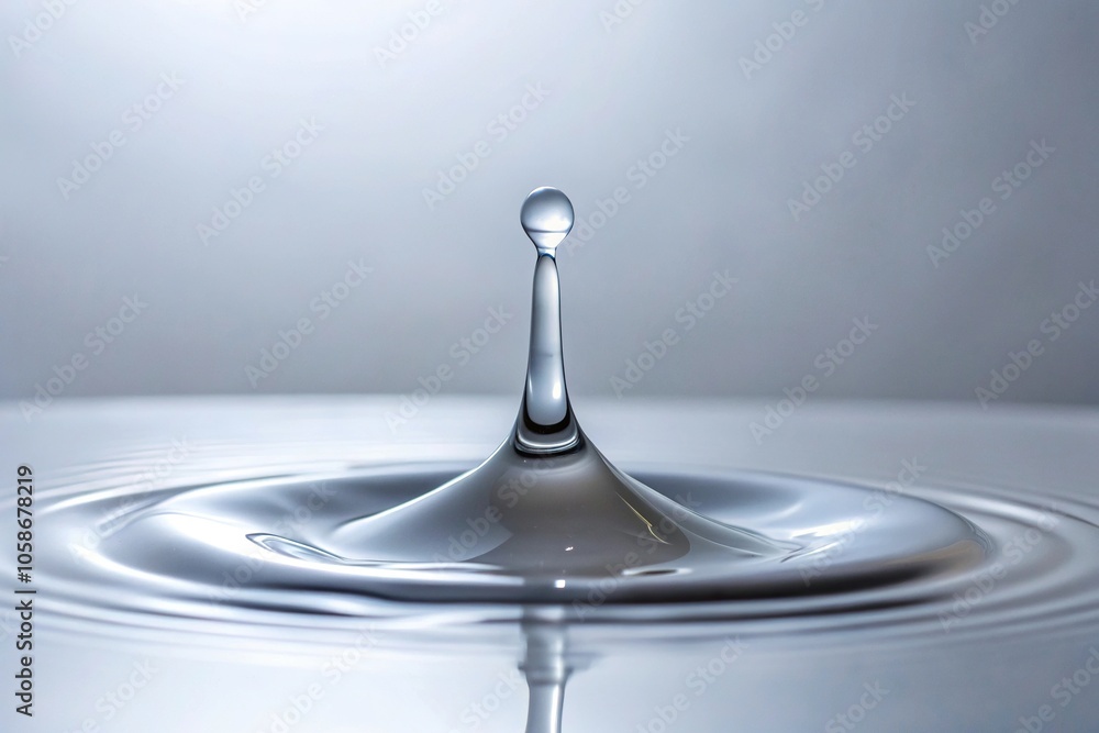 Slow-motion shot of a single drop of clear slime floating gently onto a pristine white surface with concentric rings forming around it, still life, water effects
