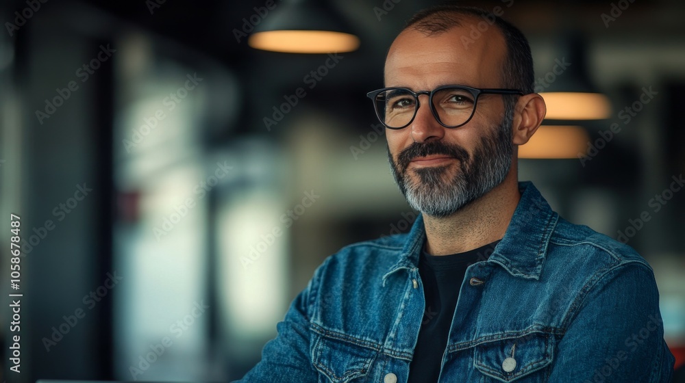 A Photograph of a clean shaven middle age smiling with big glasses man holding a computer A Photograph of a clean shaven middle age smiling with big glasses man holding a computer