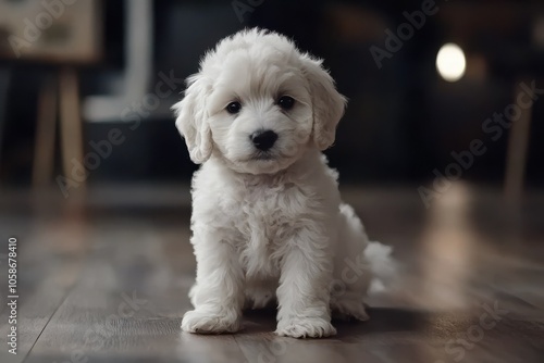 Poodle puppy, curly fluffy coat, sitting with curious expression, white and soft fur, playful and adorable