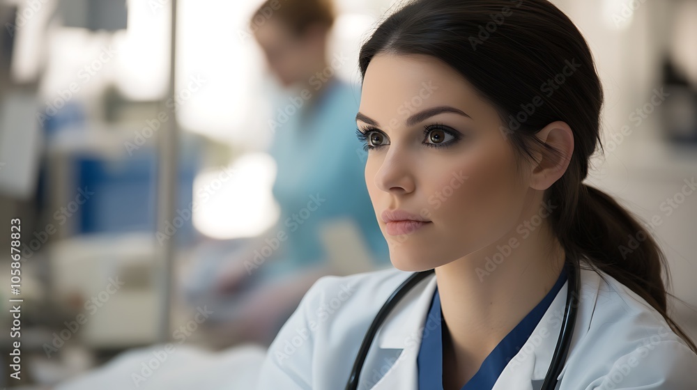 An image of a female doctor, deep in thought, amidst the chaos of a busy hospital setting An image of a female doctor, deep in thought, amidst the chaos of a busy hospital setting