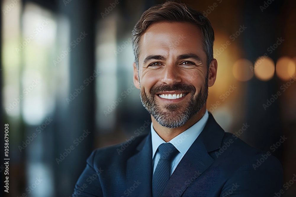 Confident Businessman with Tie Smiling, Focused on Goals Confident Businessman with Tie Smiling, Focused on Goals