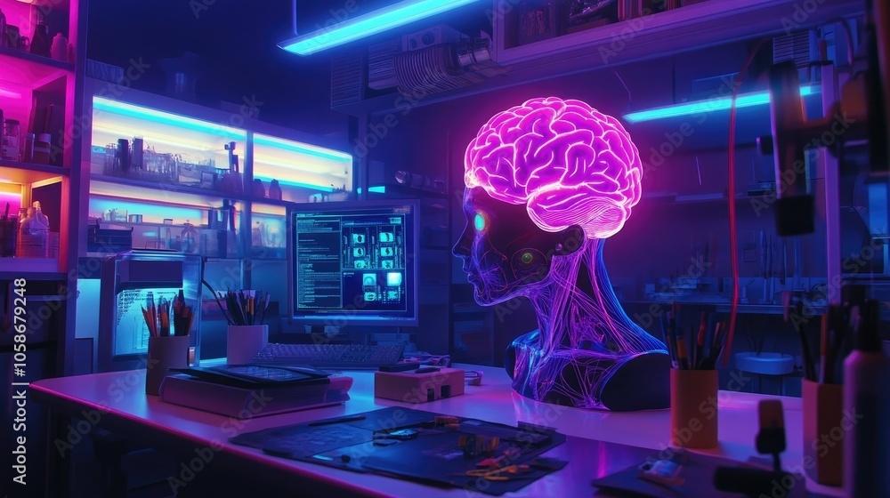 Advanced lab setting with BCI helmet glowing in vibrant neon lights, cutting-edge brain-machine technology. Advanced lab setting with BCI helmet glowing in vibrant neon lights, cutting-edge brain-machine technology.