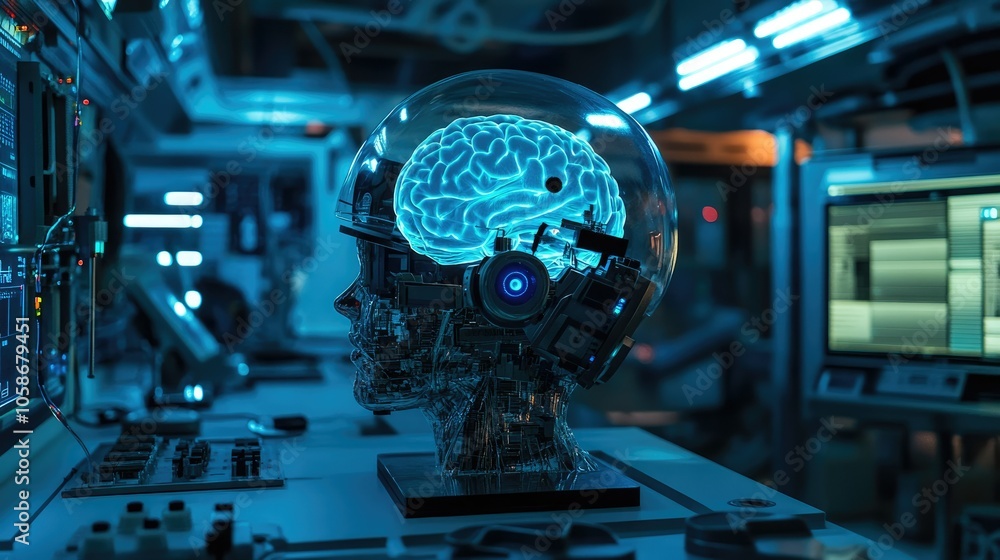 Brain-computer interface helmet with neon lights, sci-fi aesthetic, in an advanced technology lab. Brain-computer interface helmet with neon lights, sci-fi aesthetic, in an advanced technology lab.