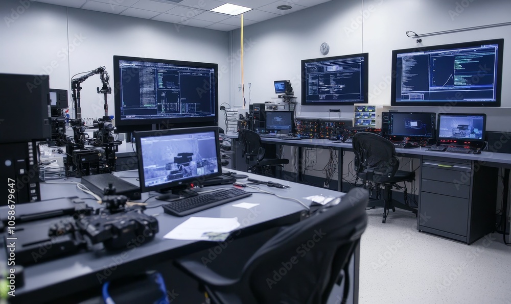Tech office with computers, monitors, and a robot arm. Tech office with computers, monitors, and a robot arm.